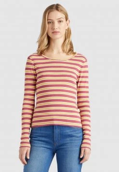 Khujo Femme SICHUAN T Shirt à Manches Longues Rosa Ocker Gestreift